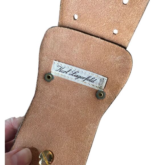 Karl Lagerfeld Vintage Wide Brown Leather Belt With Gold Fan 28-32” - Picture 4 of 7